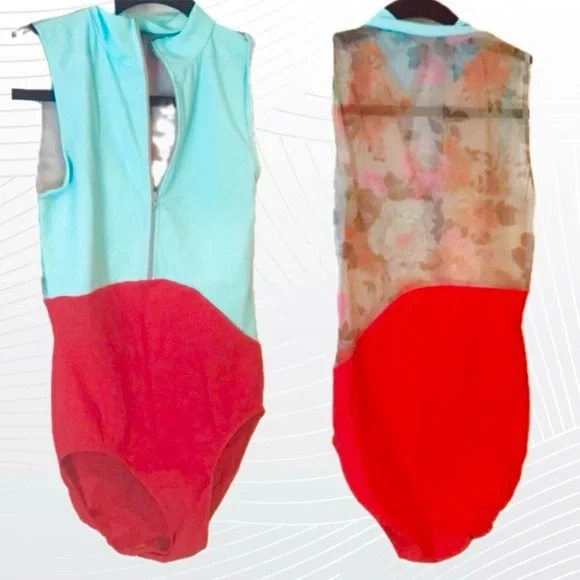 Eleve Dancewear Red and Blue Zipper Leotard - Picture 1 of 2